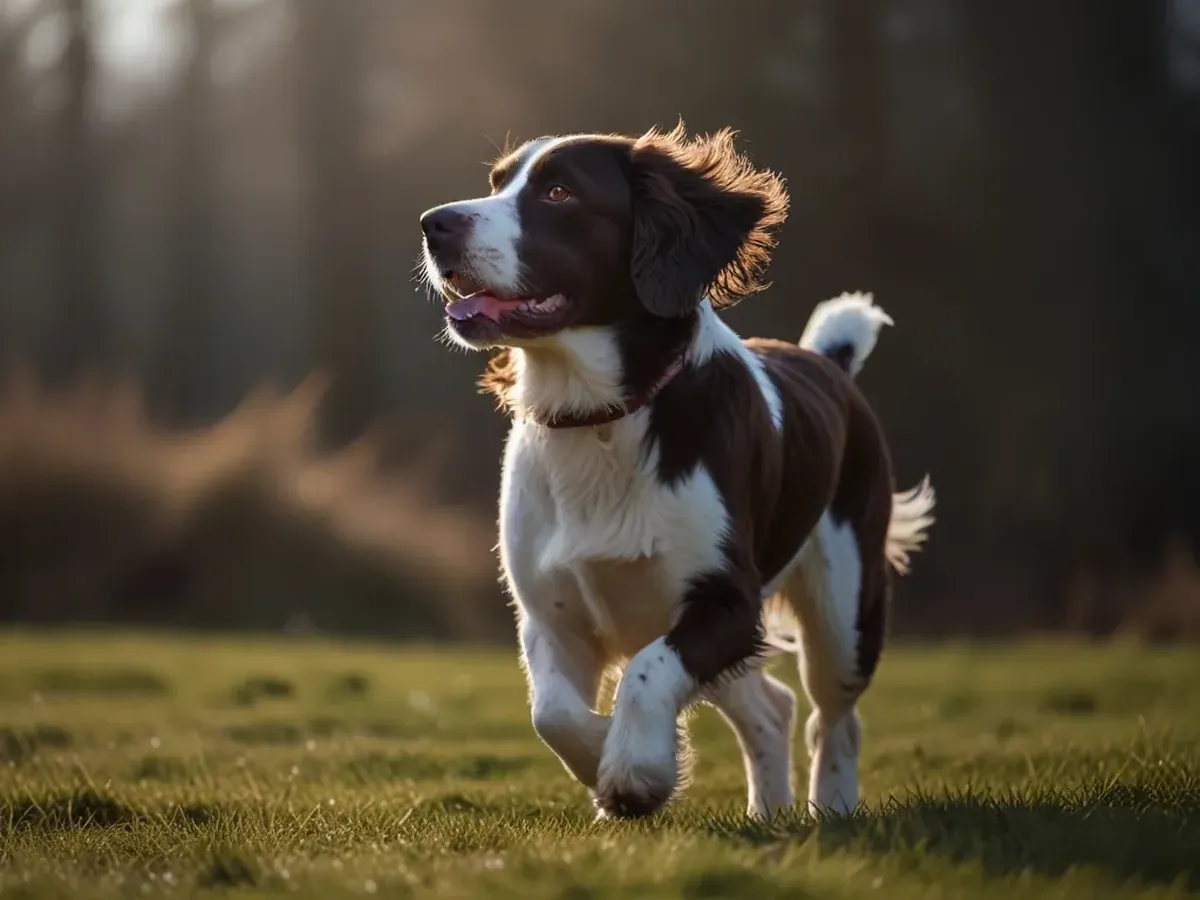 An English Springer Spaniel running through a sunny forest.