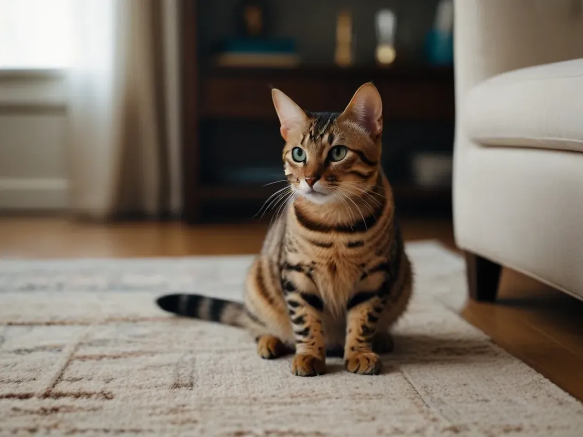 A Bengal cat sits on a beige carpet in a cosy living room.