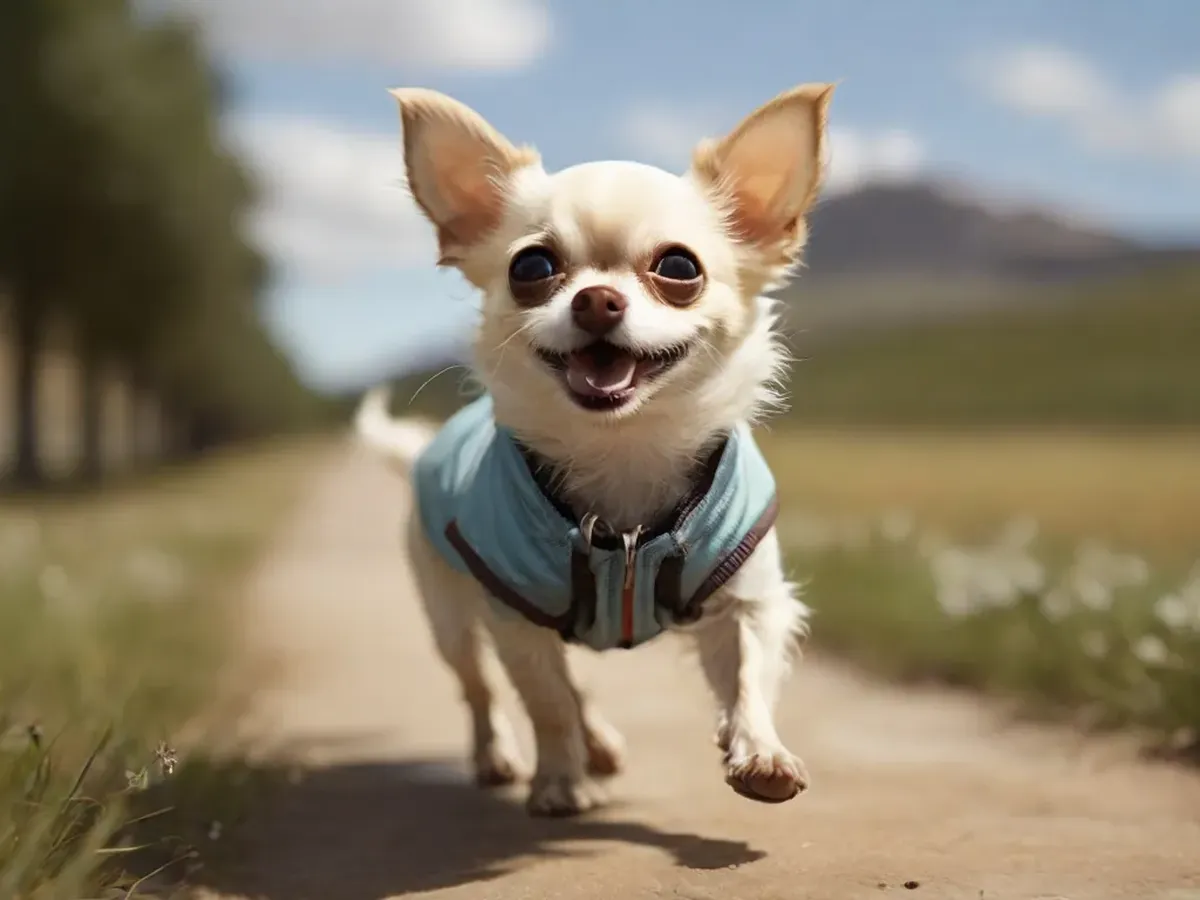 A Chihuahua walking on a road on a sunny day.