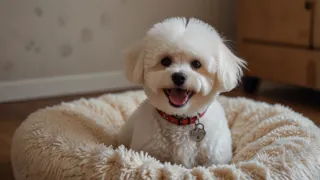 A Bichon Frise sitting on a bed in the living room.