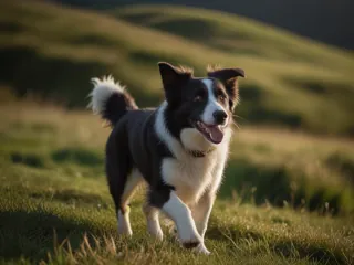 A Border Collie walking in a sunny field.