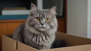 A British Semi-Longhair cat sitting inside a cardboard box in the living room.