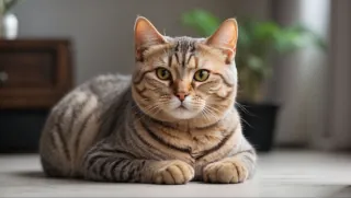 A British Shorthair and Bengal mixed-breed cat sitting in the living room.