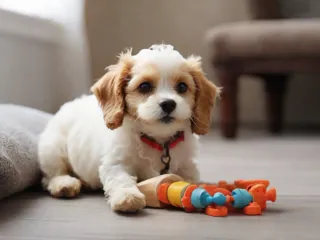 A Cavachon playing with a toy in the living room.