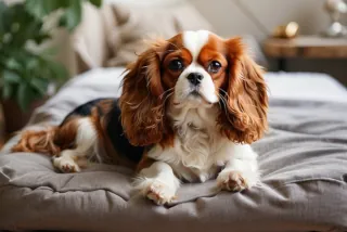 A Cavalier King Charles Spaniel lying on a bed in the living room.