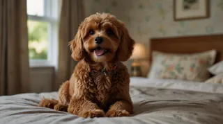 A Cavapoo lying on a bed in the bedroom.