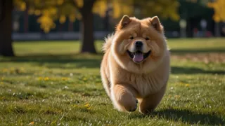 A Chow Chow running in a sunny park.