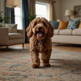 A Cockapoo standing in the living room.