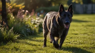 A Dutch Shepherd walking in a sunny garden.