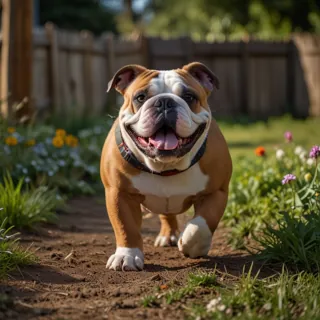 An English Bulldog walking in a green garden.