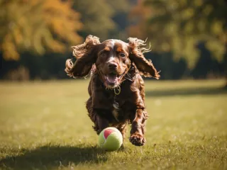 An English Cocker Spaniel running with a ball in a sunny park.