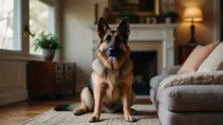 A German Shepherd sitting in the living room.