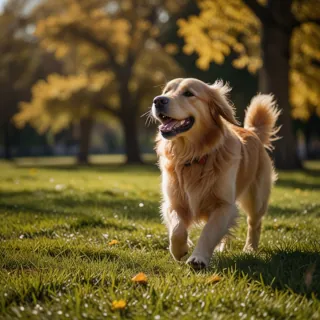 A Golden Retriever running in a sunny park.