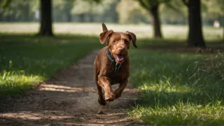 A Hungarian Wirehaired Vizsla running on a road in a sunny park.