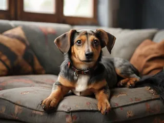 A Jackshund sitting on a sofa in the living room.