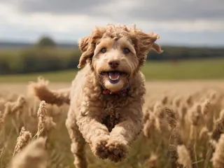 A Labradoodle jumping in a sunny field.