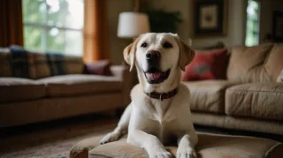 A Labrador Retriever sitting on a pillow in the living room.