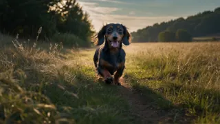 A long-haired Dachshund walking in a green field.