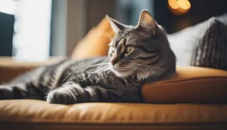 A mixed-breed cat lying on a sofa in the living room.