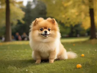 A Pomeranian sitting in a sunny park.