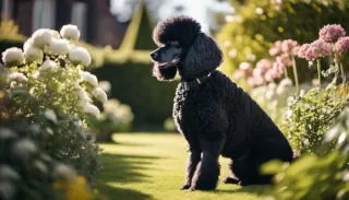 A Poodle sitting in a sunny garden.