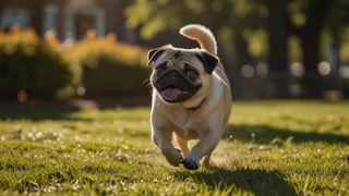 A Pug running in a sunny park.