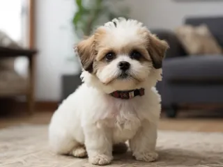 A Shichon sitting in the living room.