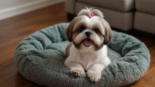 A Shih Tzu lying on a bed in the living room.