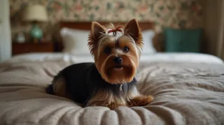 A Yorkshire Terrier sitting on a bed in the bedroom.